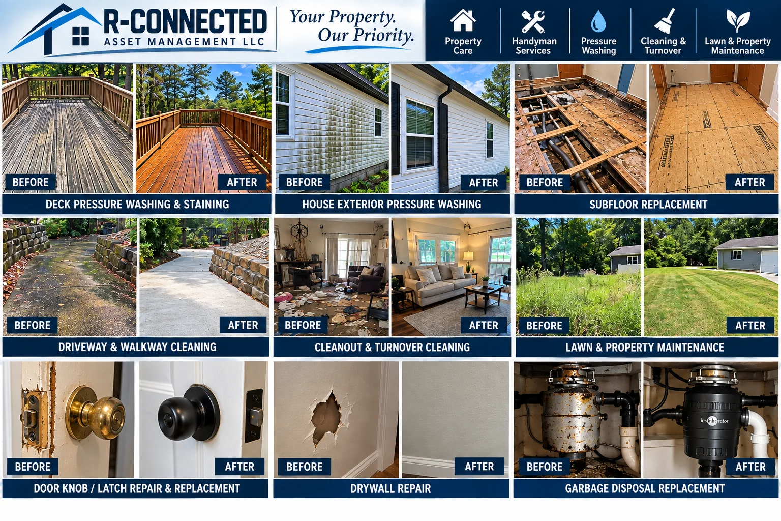 Collage of R-Connected before and after projects including deck staining, house washing, subfloor replacement, cleanouts, lawn care, and drywall repair