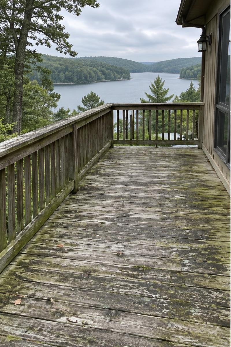 Weathered lake-house deck before restoration