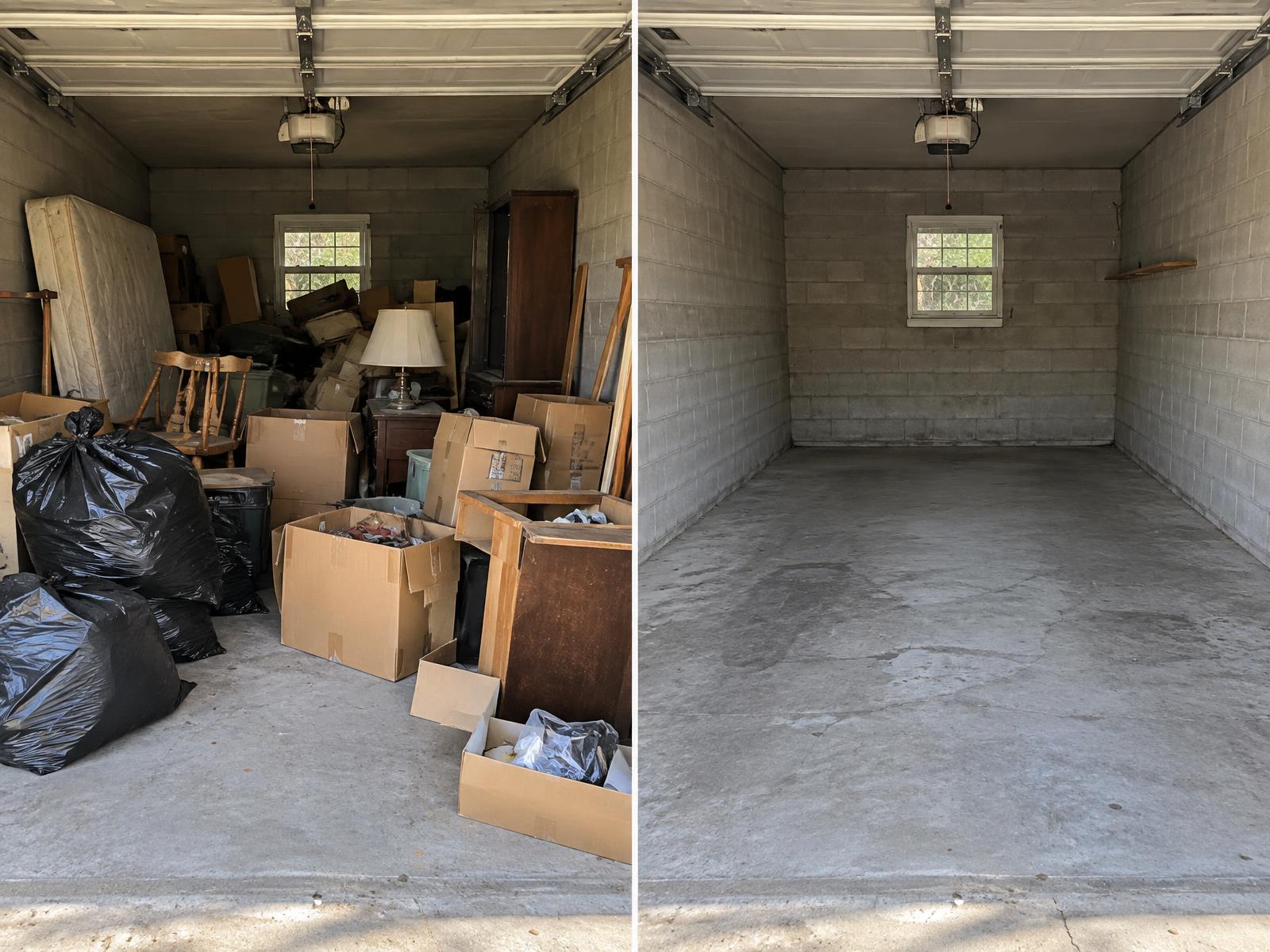 Before and after of a garage, full of boxes and trash on the left and empty and swept on the right