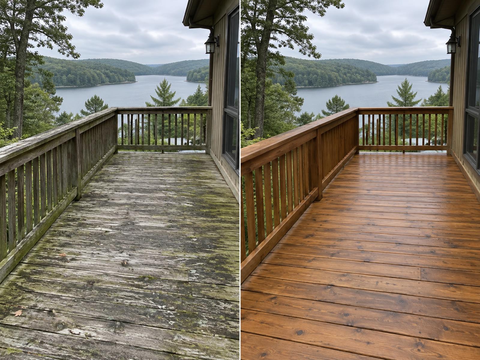 Before and after of a lake house deck, gray and mildewed on the left, washed and stained cedar on the right