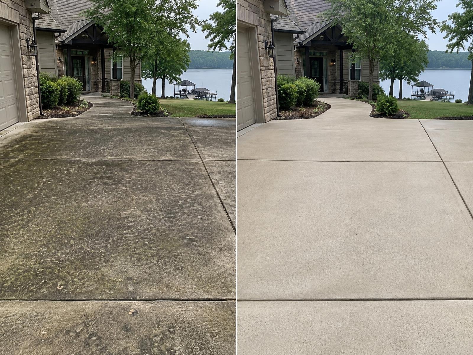 Before and after of a concrete driveway at a lake home, dark and stained on the left and clean on the right