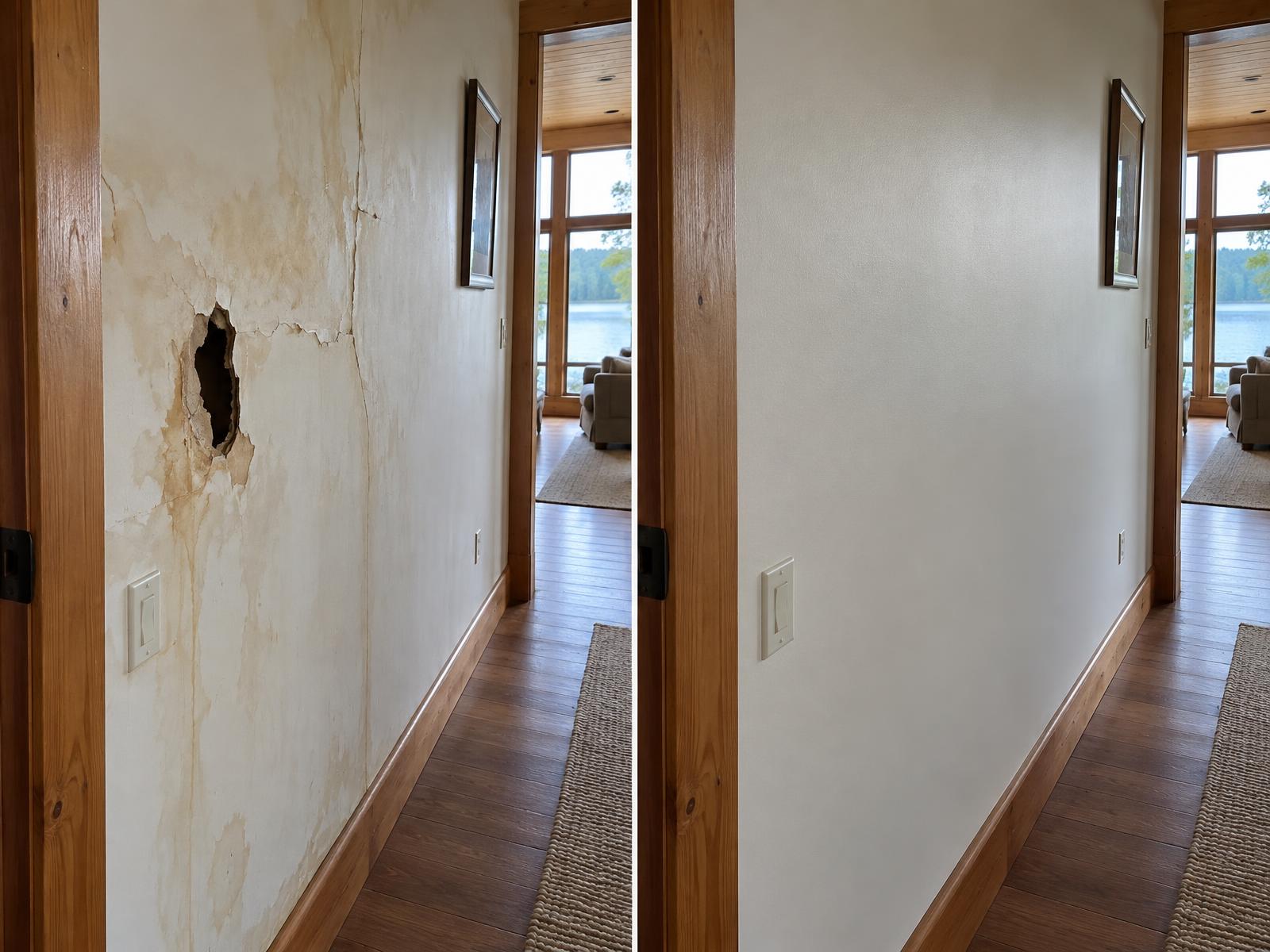 Before and after of a hallway wall, water stained with a hole on the left and repaired and painted on the right