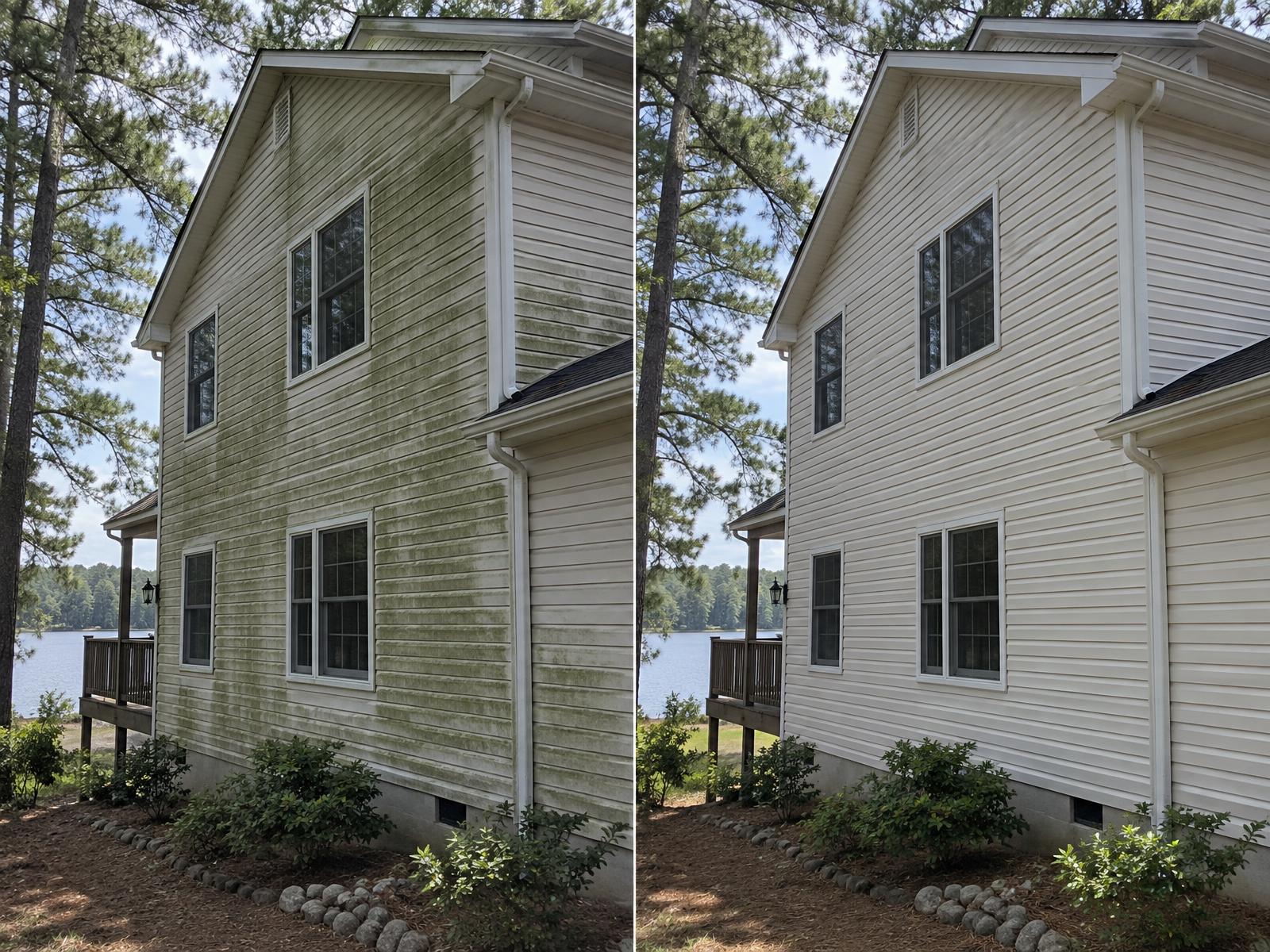 Before and after of vinyl siding on a lake home, algae streaked on the left and clean on the right